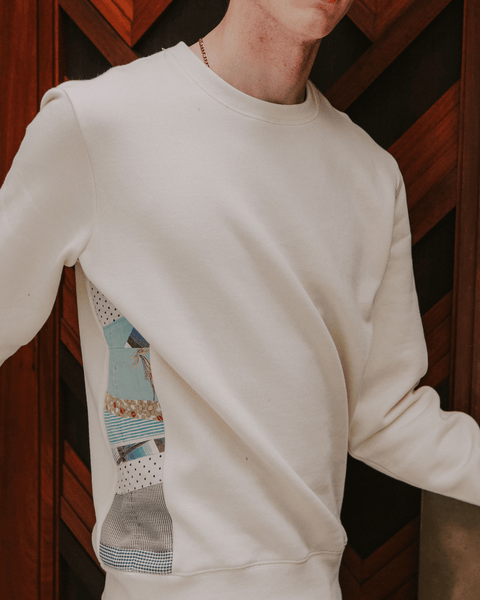 A close up detail photo of the bubuleh New England quilted sweater.