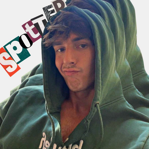 Collage of Youtube and TikTok celebrity Bryce Hall wearing a green bubuleh hoodie with the retro-inspired words "spotted" in the background.