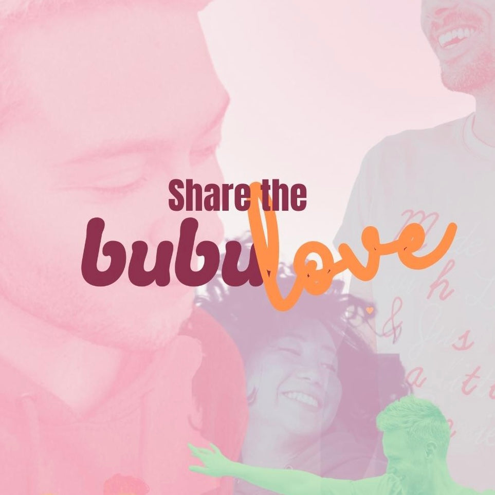 A graphic showing the words "Share the bubulove" with duotone images of people in the background in pink, green, purple and red for the holidays.