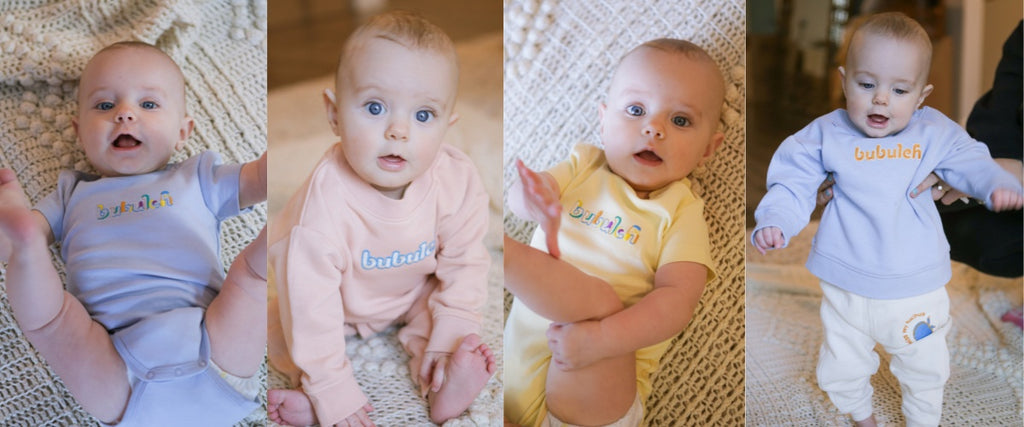 A collage of a cute smiling baby girl wearing different bubuleh spring 2023 outfits.