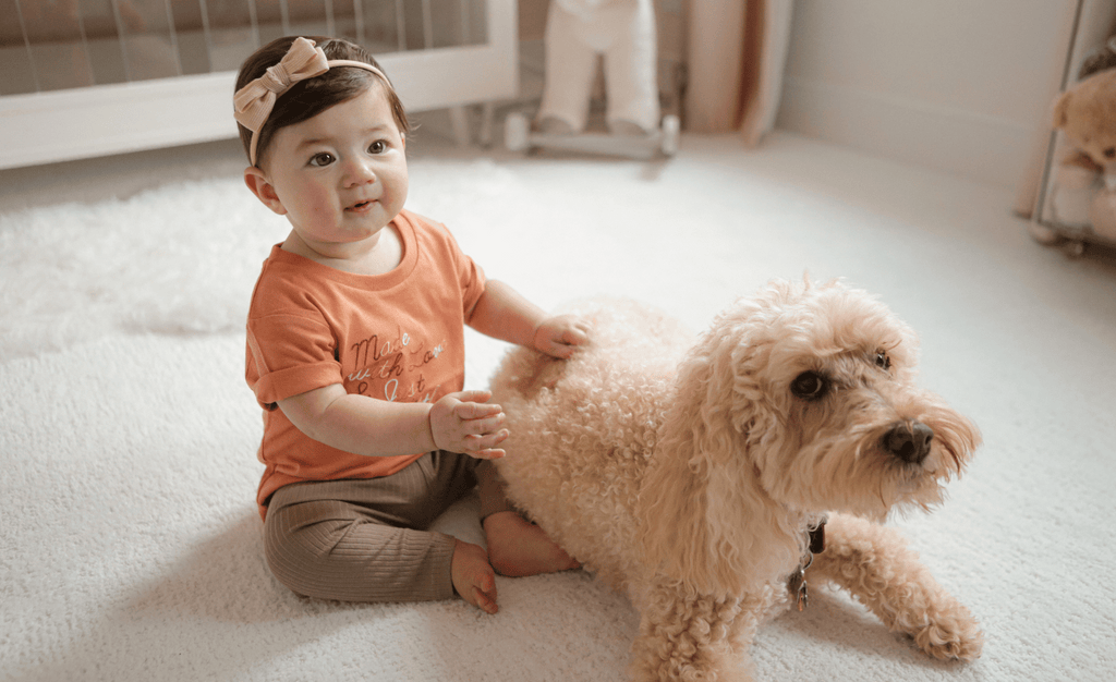 A baby girl playing with a fluffy dog while wearing a headband and a bubuleh t-shirt that says "made with love and just a little anxiety" in an orange color. This is in a nursery.