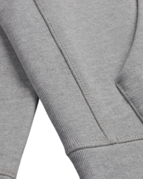 A detail closeup of the bubuleh handcrafted heather gray heirloom hoodie showing expert stitching.