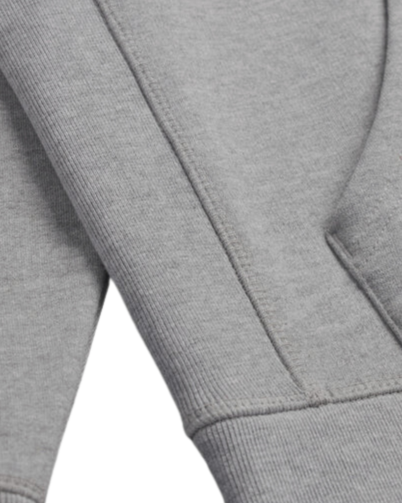 A detail closeup of the bubuleh handcrafted heather gray heirloom hoodie showing expert stitching.