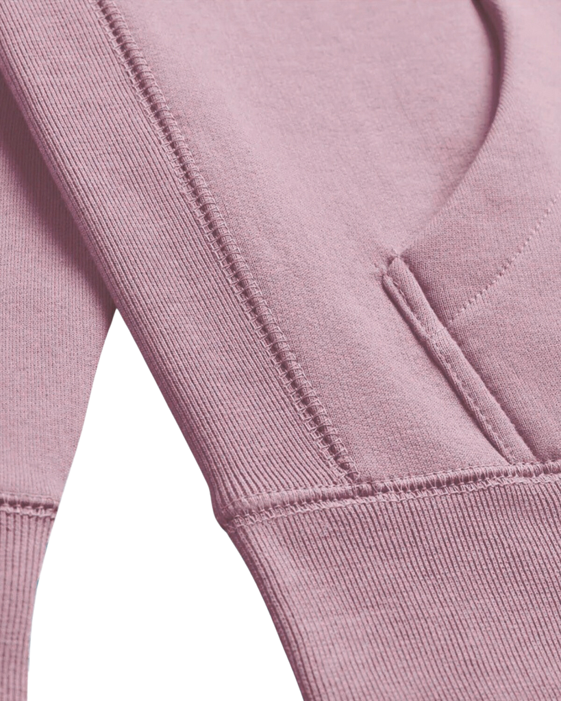 A detail closeup of the bubuleh handcrafted lavender heirloom hoodie showing expert stitching.